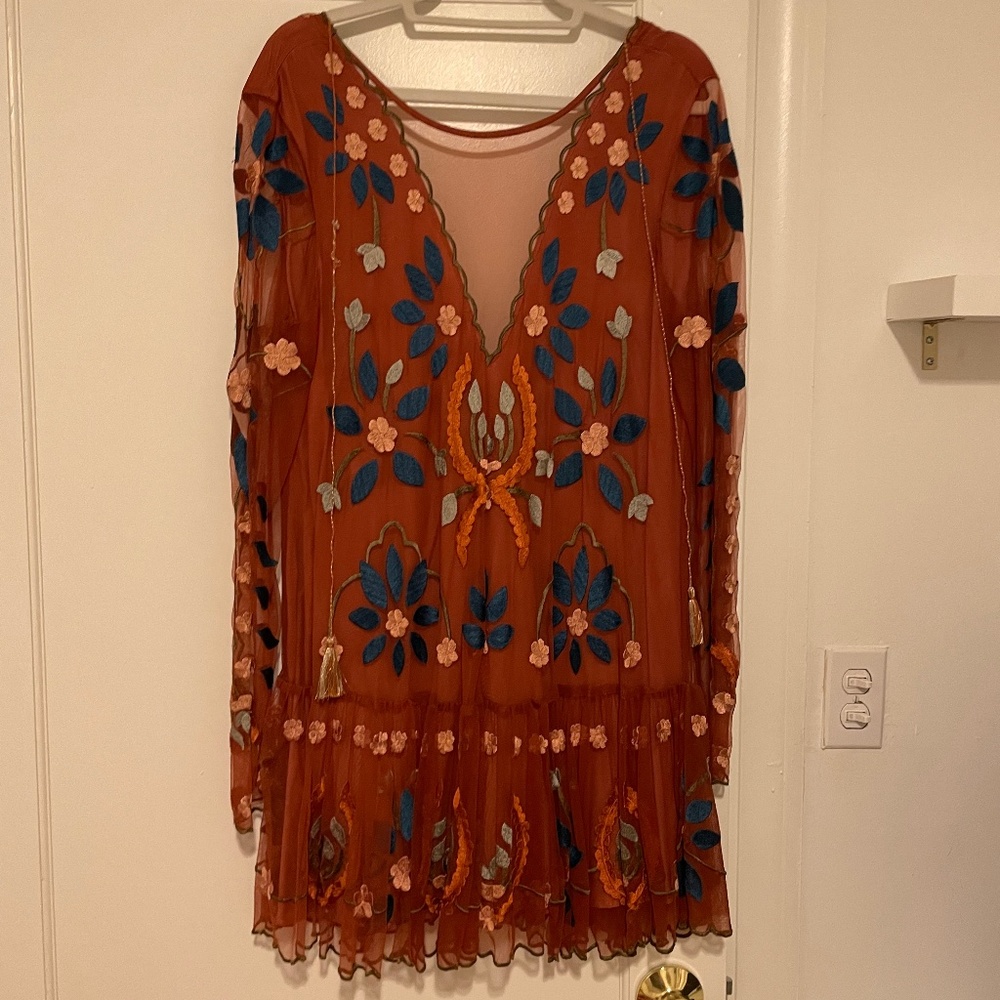 Free People Medium Orange and Blue Long-Sleeve Dress